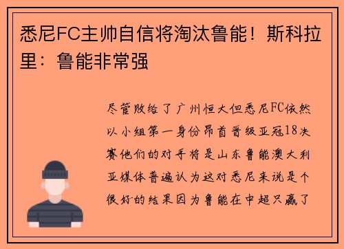 悉尼FC主帅自信将淘汰鲁能！斯科拉里：鲁能非常强